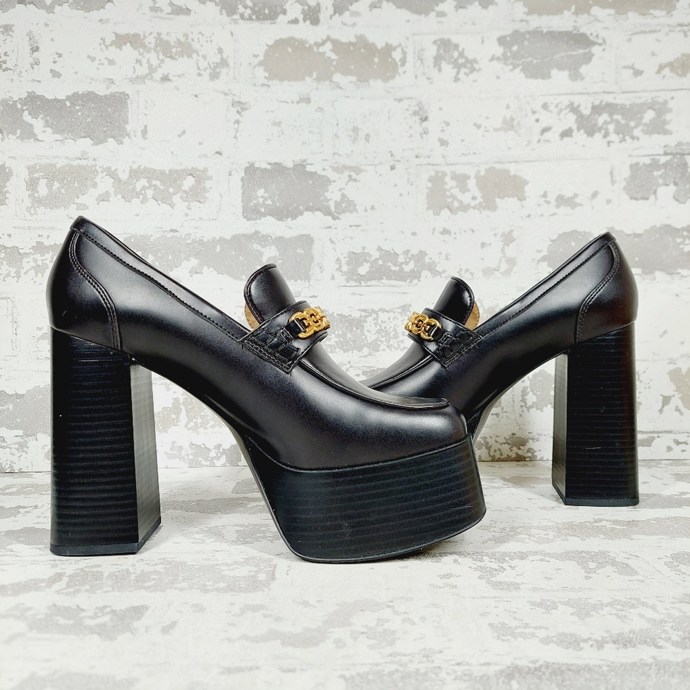 New SAM EDELMAN Rowe Platform Black Faux Leather Heeled Loafers i 622 - Picture 4 of 13